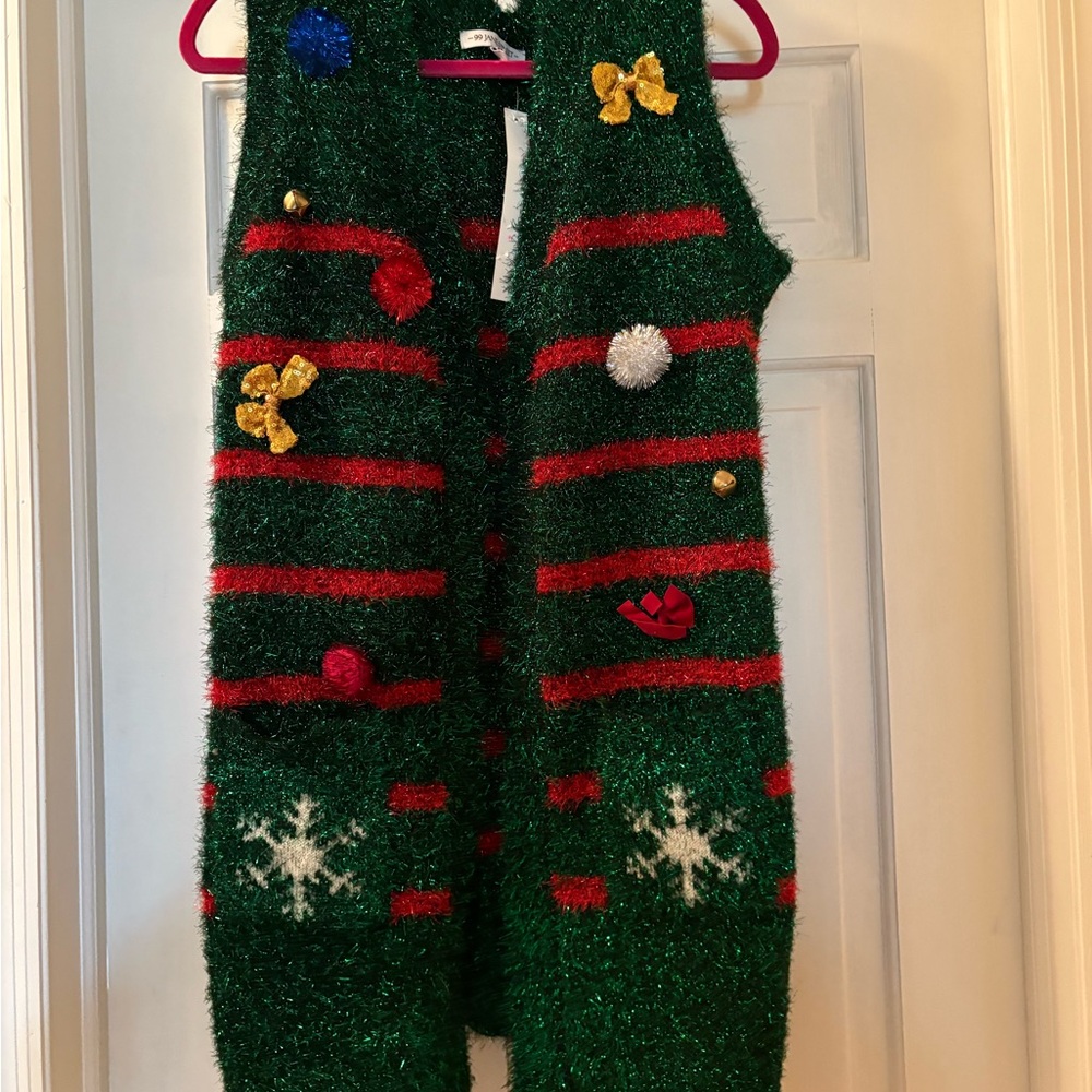 Green and Red Holiday Sweater Vest with Ornaments